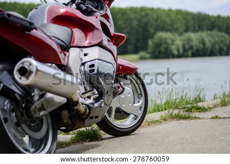 Senta, Serbia - May 17th, 2015: Photo shoot of Yamaha GTS 1000 bike from 1995, closeup shoot of a front wheel and body.52 kW engine,built with Omega chassis concept.It has fork-less front suspension.