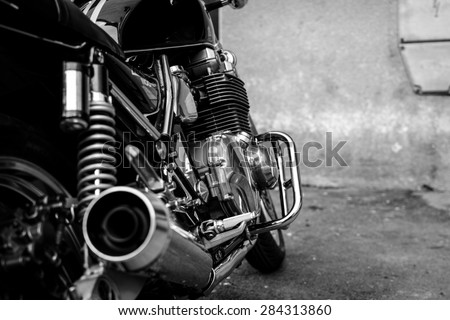 Subotica, Serbia -  Jun 1st, 2015: Photo shoot of Kawasaki ZR 1100 Zephyr A1 bike from 1992,closeup shoot of side of the bike,exhaust and chrome parts.Four stroke transverse four cylinder, 1062cc.