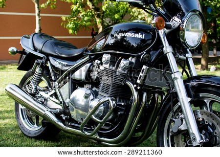 Subotica,Serbia -Jun 13,2015:Photo shoot of Kawasaki ZR 1100 Zephyr A1 bike from 1992, close up shoot of whole bike,exhaust and chrome parts.1062cc.Selective focus.