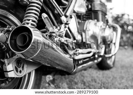 Subotica,Serbia-Jun 13,2015:Photo shoot of Kawasaki ZR 1100 Zephyr A1 bike from 1992,close up shoot of chromed exhaust and chrome parts on rear end of a bike.1062cc, air cooled. Black and white photo.