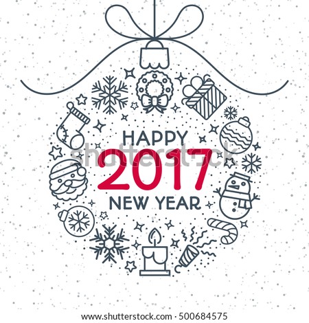 Christmas ball consisting of christmas line icons and sign Happy New Year 2017 year on snow holiday background. Christmas decoration element. Vector Illustration