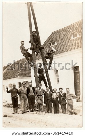 THE CZECHOSLOVAK REPUBLIC, CIRCA 1930: Vintage photo of electricians. Building of power lines, circa 1930.