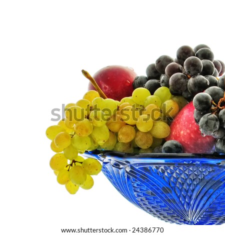 Bunches of grapes, red apple, plum, vase, drops
