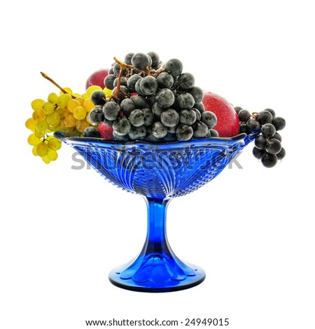 Bunches of grapes, red apples, plum, vase, drops