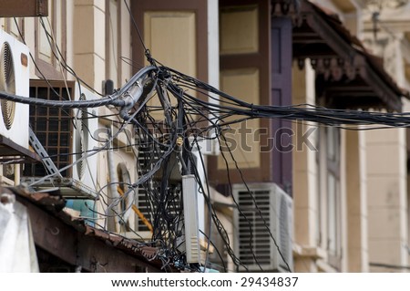 thai cable mess in china town in bangkok