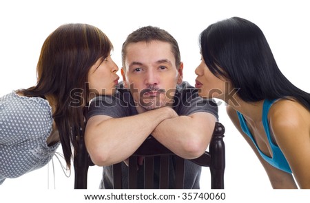 two women kissing one man, isolated on white