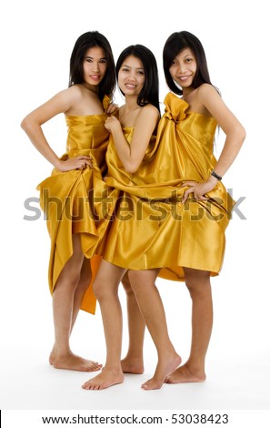 stock photo three young nude asian women covered in silk fabric 