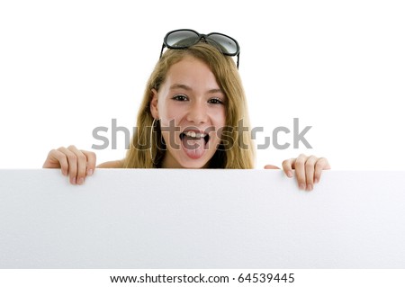 girl sticking her tongue out with blank display board, isolated on white background