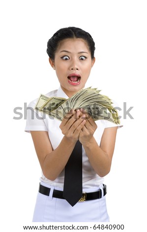 businesswoman going crazy because she got a lot of money in her hands, isolated on white background