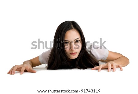 pretty woman crawling on all fours, isolated on white background