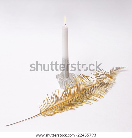 Gold feather and candle isolated on white