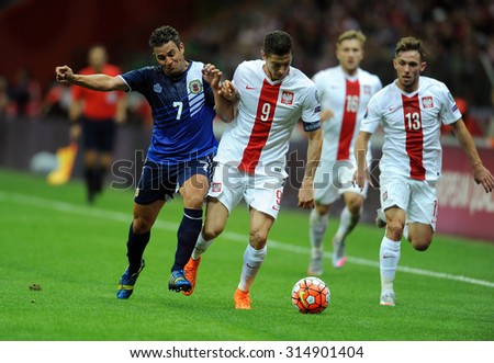 WARSAW, POLAND - SEPTEMBER 07 , 2015: EURO 2016 EURO France Football Cup Qualifiers Poland vs Gibraltar
o/p Lee Casciaro Robert Lewandowski