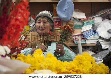 Uyuni, Bolivia - January 11: Bolivian woman uses coca leaves as skin cure on the market, Bolivia on January 11,2009.Bolivia obtained exemption from 1961convention,allowing native people to use coca