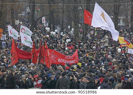 MOSCOW - DECEMBER 10: 50 thousands in Moscow protest Putin and election results  on Bolotnaya Square. Biggest protest in Russia for the last 20 years, December 10, 2011 in Moscow, Russia.