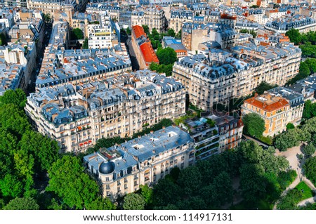 Paris Apartments. Aerial view of Paris from the Eiffel Tower. (Eiffel Tower`s shadow is visible.)