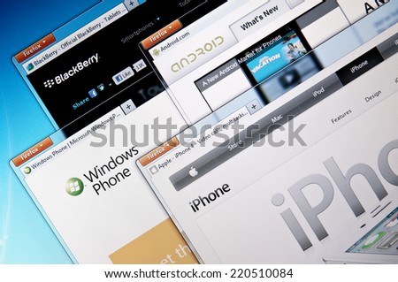 Budapest, Hungary - August 18, 2011: Selection of smartphone company websites. Including: Blackberry, Windows Phone, Android and Iphone.