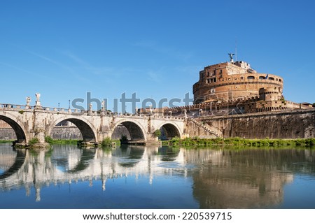 Saint Angel Castle, Saint Angel Bridge and  River Tiber in Rome, Italy.