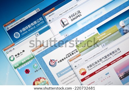 Budapest, Hungary - July 28, 2011: Selection of China`s largest companies web sites. Including: China Mobil Ltd., Sinopec, China Life, PetroChina Company Limited, Cnooc Limited.