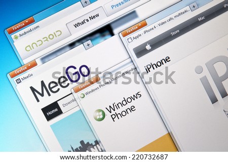 Budapest, Hungary - August 18, 2011 Selection of mobile operating system web sites. Including: Android(Google), MeeGo(Nokia), Windows Phone and Apple Iphone.