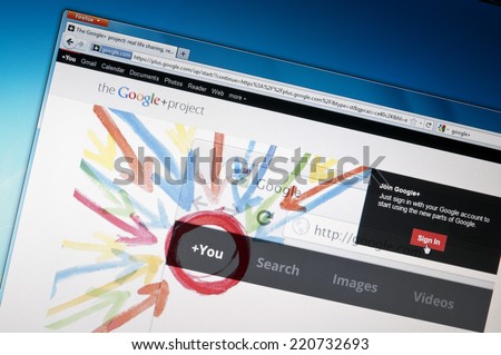 Budapest, Hungary - July 28, 2011:Close up photograph of the Google+ home page. Googe+ is is a social networking service operated by Google Inc. launched on June 28, 2011