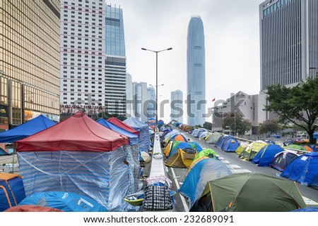 HONG KONG - NOV 11, 2014: Umbrella Revolution.Tents set up to block the road at the Admiralty. Hong Kong campaigners are fighting for the right to nominate and directly elect the next chief executive.