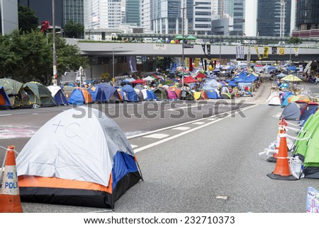 HONG KONG - NOV 11, 2014: Umbrella Revolution.Tents set up to block the road at the Admiralty. Hong Kong campaigners are fighting for the right to nominate and directly elect the next chief executive.