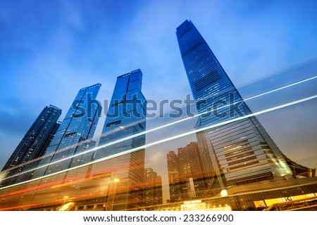 Office buildings (International Commerce Centre) at night in Hong Kong, China.