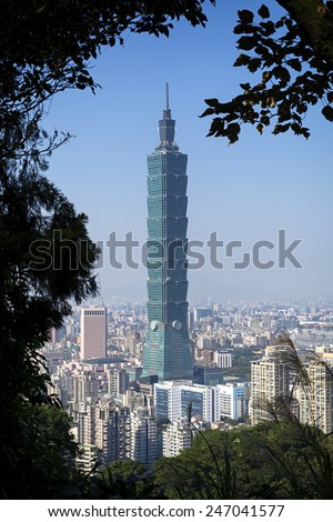 Taipei, Taiwan - Dec 30, 2014: View of Taipei 101 from the Elephant Mt. in Taipei.  Nangang District Hiking Trail leads for the best view point of Taipei City.