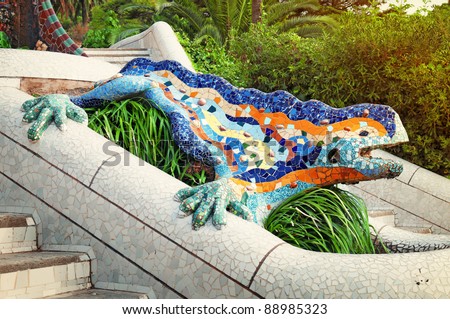 Lizard Fountain at Park Guell in Barcelona - Spain .