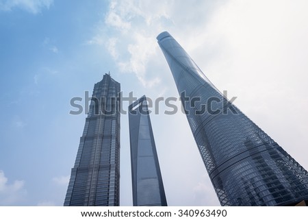 Shanghai, China: October 9, 2015.Shanghai World Financial Centre, Shanghai Tower and Jin Mao Tower at Lujiazui district in Shanghai. Shanghai Tower is newest and the tallest (632m)