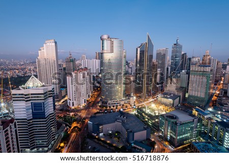 Makati Skyline at night. Makati is a city in the Philippines` Metro Manila region and the country`s financial hub. It`s known for the skyscrapers and shopping malls.