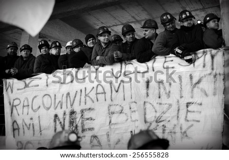 OMONTOWICE, POLAND - FEBRUARY 3, 2015: The Protest Action-of strike of Silesian miners and labor unionists at KWK Budryk against the liquidation of the mine on Silesia.\
Omontowice, Silesia, Poland