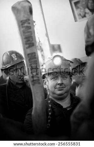 OMONTOWICE, POLAND - FEBRUARY 3, 2015: The Protest Action-of strike of Silesian miners and labor unionists at KWK Budryk against the liquidation of the mine on Silesia.\
Omontowice, Silesia, Poland