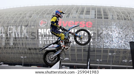 CRACOW, POLAND - JANUARY 29, 2015: Show announcing world championship in FMX - Diverse Jump of the Night in Cracow