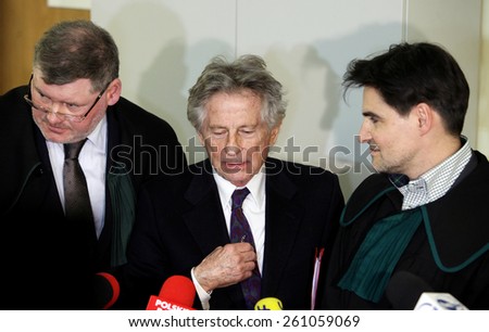 KRAKOW, POLAND - FEB 25, 2015: Roman Polanski in court in Cracow.The court is to decide whether to extradite Polanski to the USA for sentencing on charges that the raped a 13-year old girl in 1977.