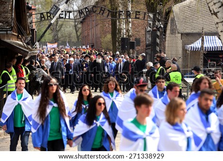 OSWIECIM, POLAND - APRIL 16, 2015: Holocaust Remembrance Day next generation of people from the all the world meets on the March of the Living in German death camp in Auschwitz Birkenau, in  Poland