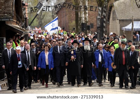 OSWIECIM, POLAND - APRIL 16, 2015: Holocaust Remembrance Day next generation of people from the all the world meets on the March of the Living in  German death camp in Auschwitz Birkenau, in  Poland