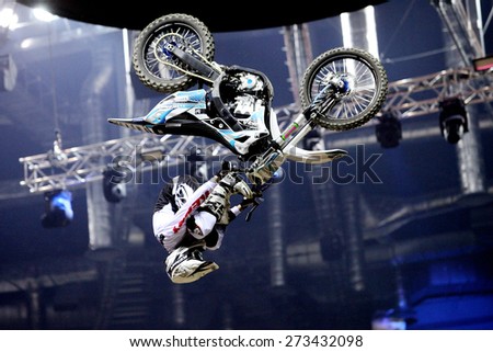 CRACOW, POLAND - MARCH 20, 2015: Show announcing world championship in FMX - Diverse Jump of the Night in Cracow