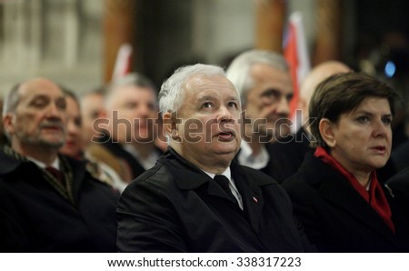 Krakow, POLAND - NOVEMBER 11, 2015: Jaroslaw Kaczynski, the leader of the conservative Law and Beata Szydlo, designated prime minister, Poland