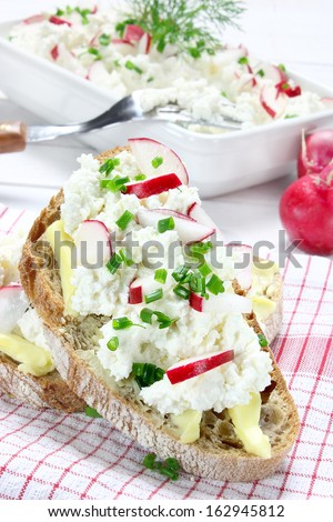 Bread with butter,cottage cheese , radish and chives