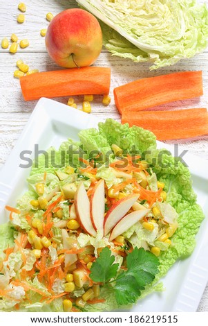 Chinese cabbage with sweet corn,carrots and apples, delicious salad
