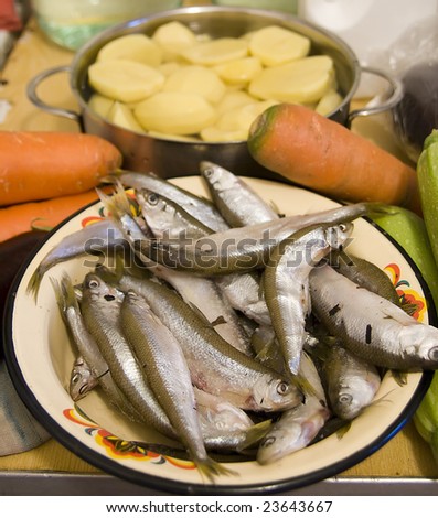 many silver raw fish on yellow plate with orange carrot end green aubergine