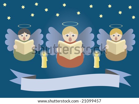 singing angels, christmas theme, angels in heaven, starry sky, religion, advent, blue, candle, gift, present, banner, vector illustration, Angels singing on Christmas stardust sky
