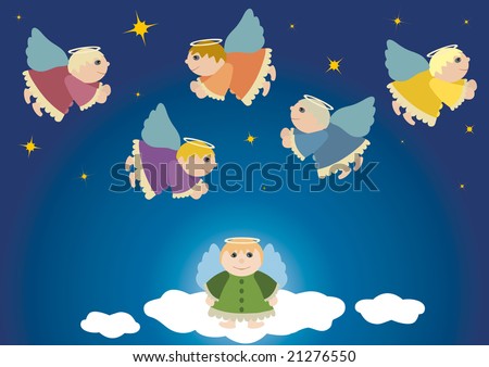 stock vector Flying angels christmas theme angel in heaven starry sky