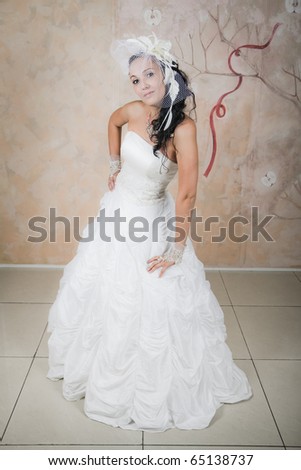 Beautiful shapely bride in an elegant wedding dress on a colored background. Wedding photography.