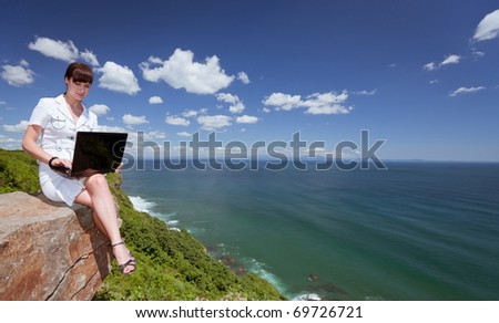 beautiful slender girl with a laptop on the nature