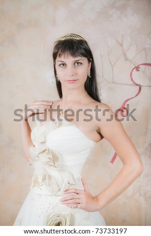  shapely bride in an elegant wedding dress on a colored background