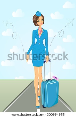 Flight attendant in blue uniform walking down the runway. She is holding a blue suitcase with flight label attached, schematic planes are taking off on her sides. Travel and air service concept.