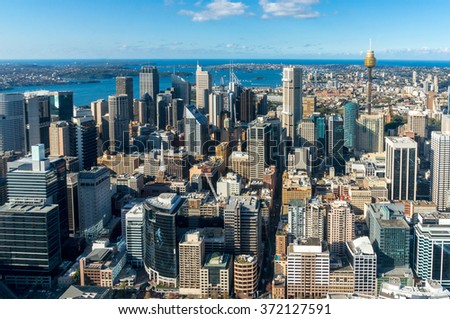 Sydney city aerial view. Sydney CBD, Central Business District from above. Sydney downtown top view