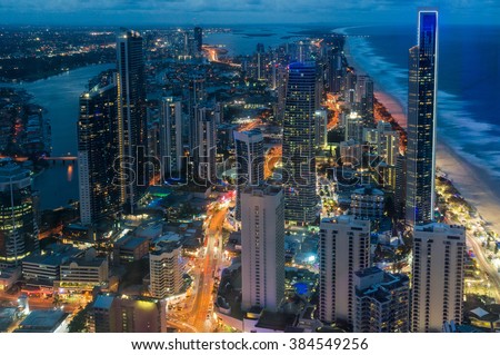 City skyscrapers at night, aerial, long exposure.Futuristic cityscape, Surfers Paradise, Gold Coast, Queensland, Australia